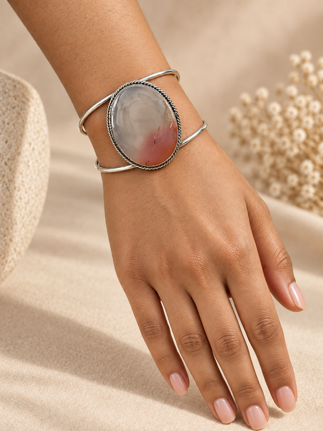 Cuff 05 — Blush Cream Rose Oval Twisted Edge — hand try-on