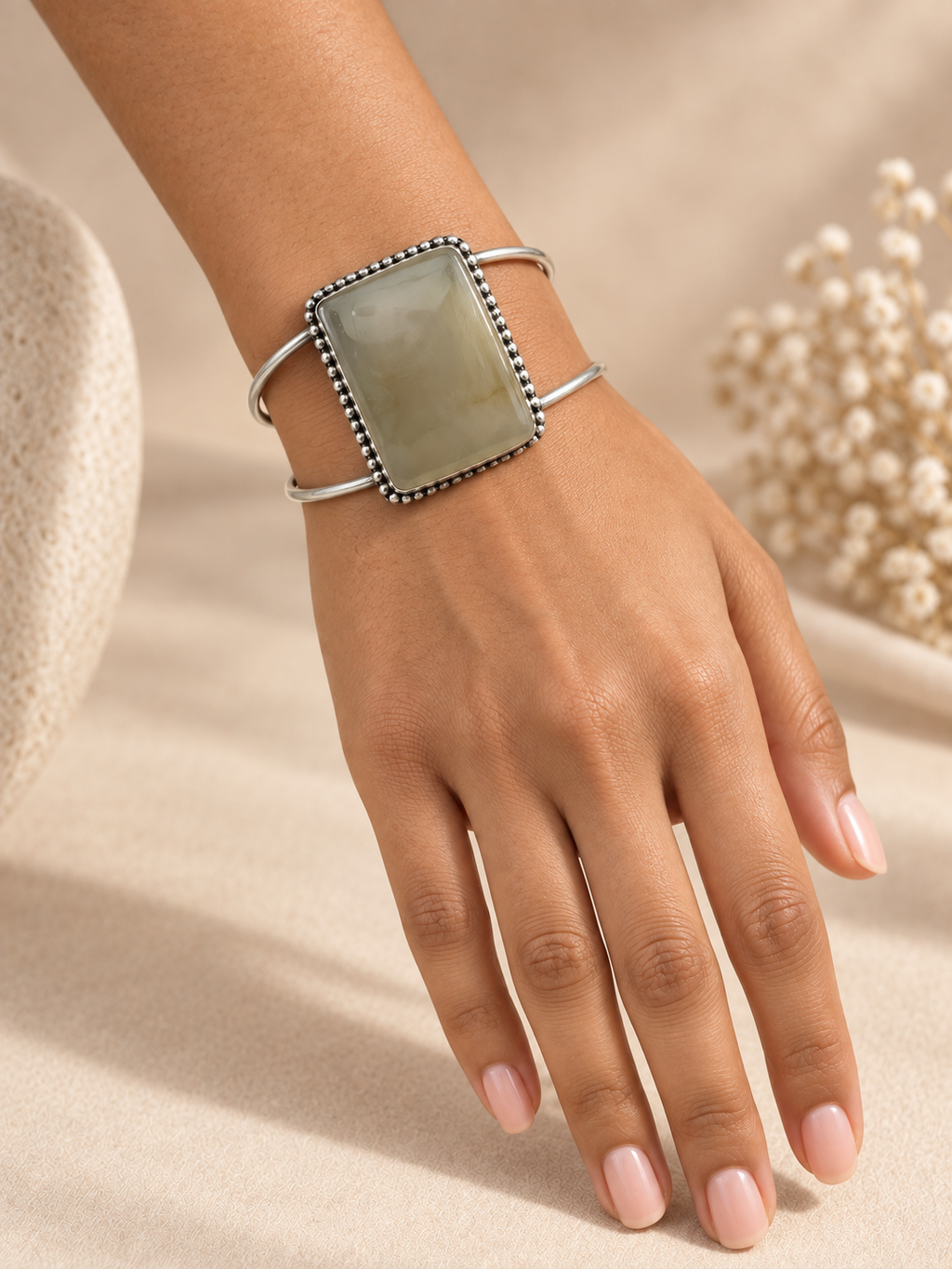 Cuff 06 — Pale Sage Rectangular Beaded Edge — hand try-on