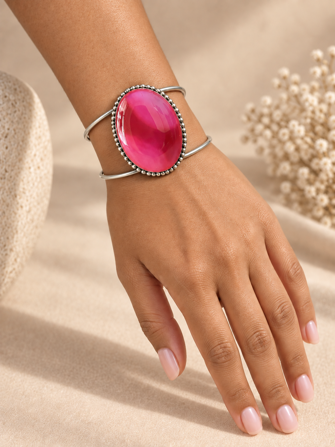 Cuff 07 — Fuchsia Oval Beaded Loop — corrected hand try-on