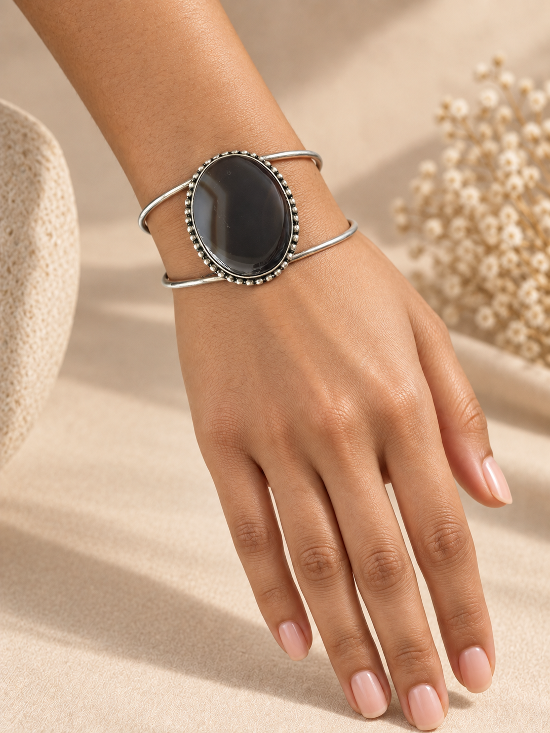 Cuff 08 — Black Oval Beaded Loop Wire — hand try-on