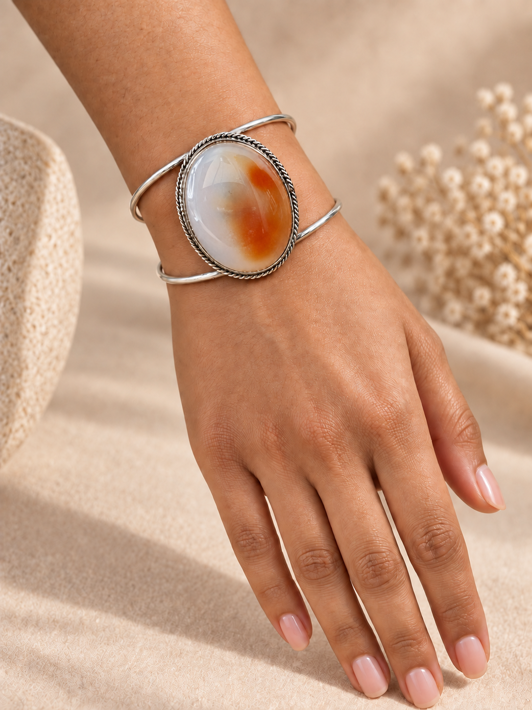 Cuff 10 — Orange Cream Agate Oval Beaded Loop — hand try-on