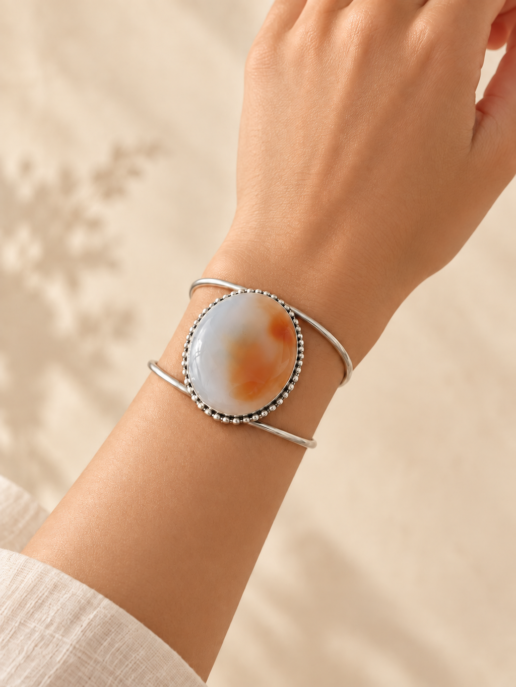 Cuff 11 — White Honey Bead Edge — hand try-on