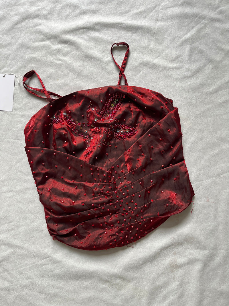 Burgundy beaded cami top angled front view