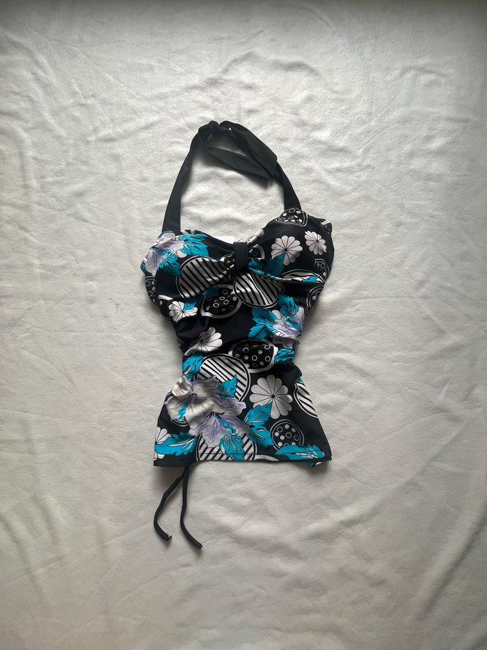 Teal Floral Graphic Halter Top — front view