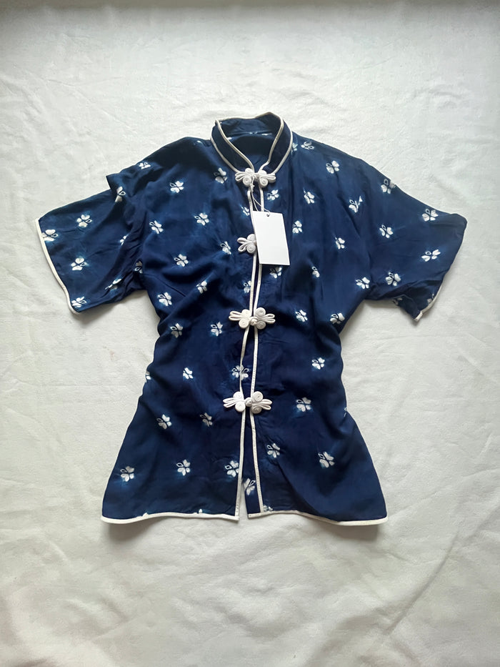 Navy Floral Mandarin-Collar Top — front view