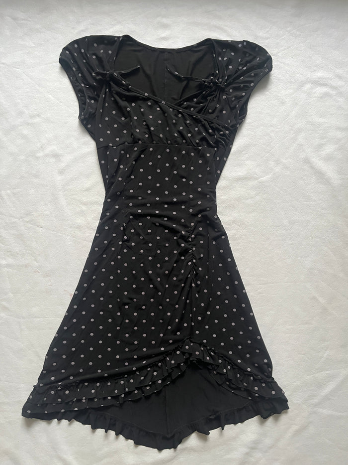 Black Polka-Dot Ruched Dress — front view