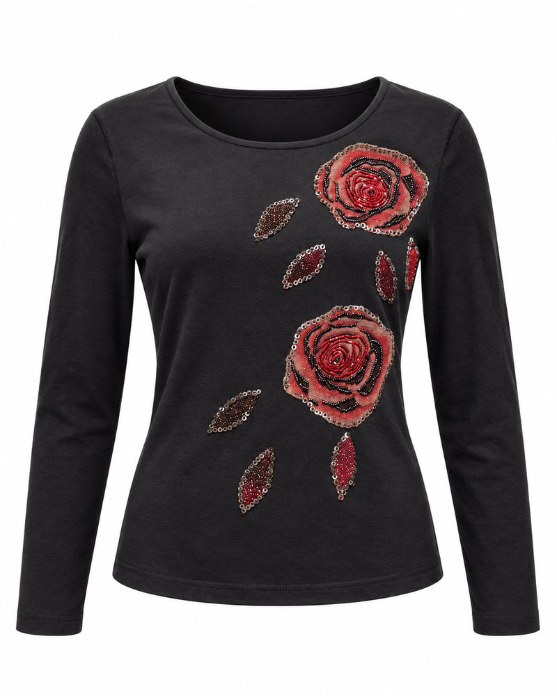 Black Rose Appliqué Top — ghost mannequin front view