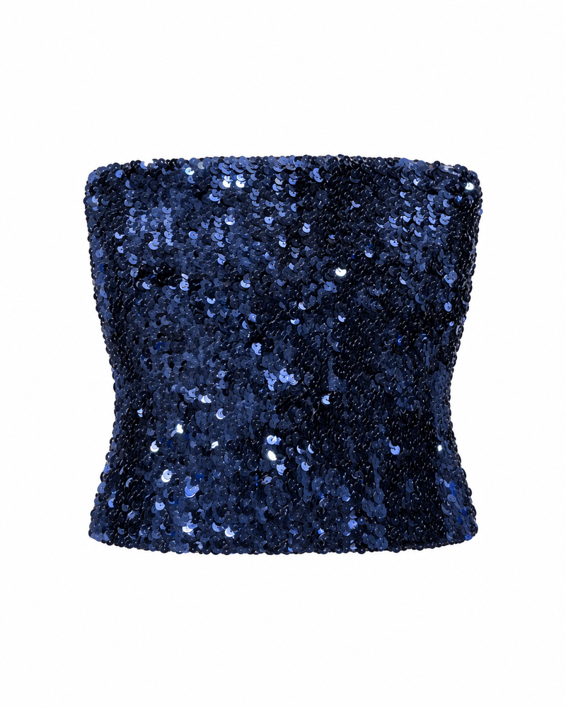 Navy Sequin Tube Top — ghost mannequin front view