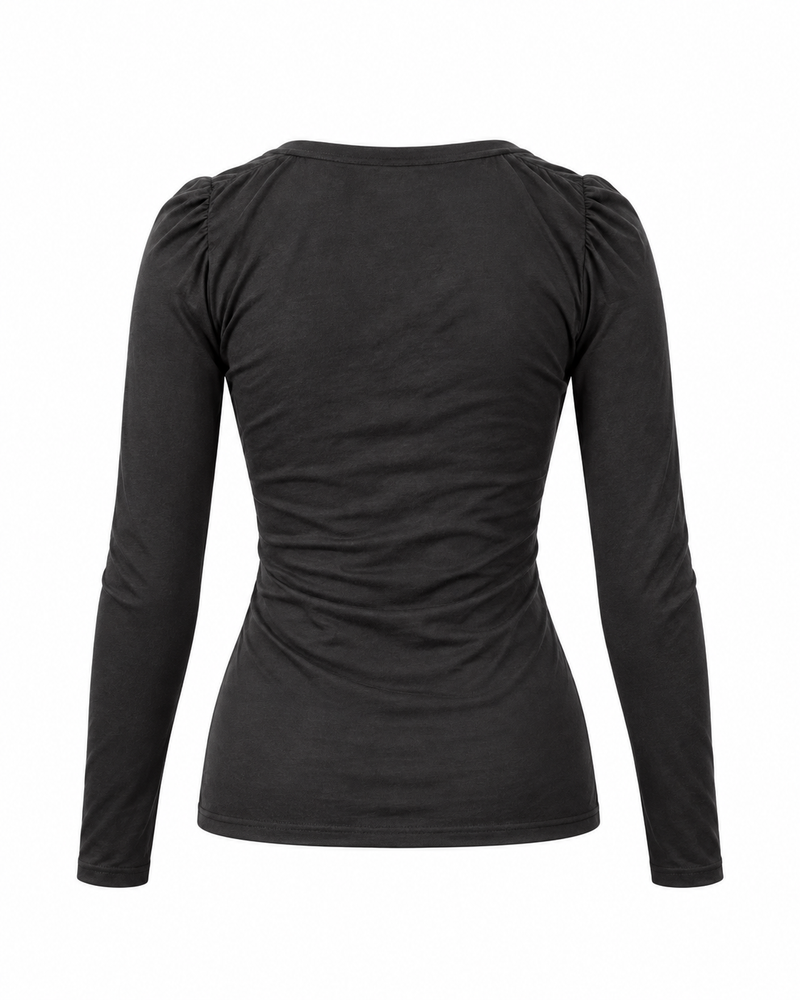Black Ruched Long-Sleeve Top — ghost mannequin back view