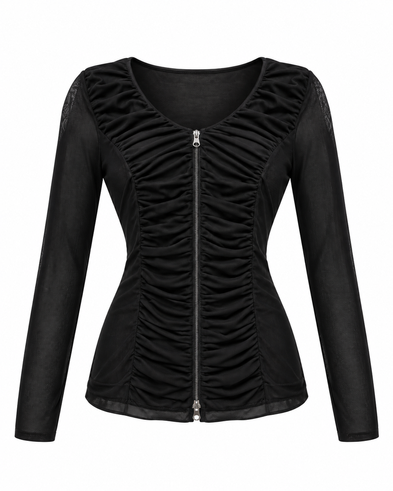 Black Ruched Long-Sleeve Top — ghost mannequin front view