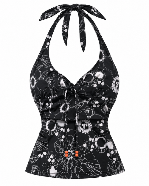 Black Celestial-Print Halter Top — ghost mannequin front view