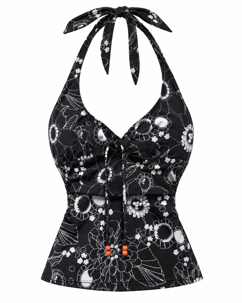 Black Celestial-Print Halter Top — ghost mannequin front view