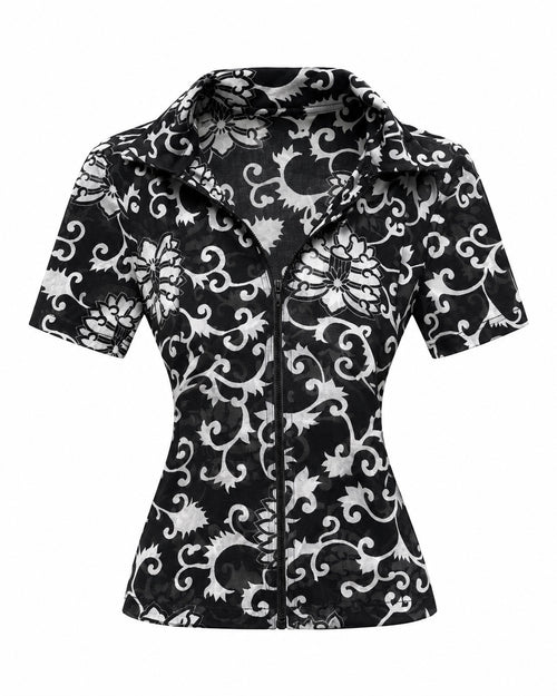Black and White Scroll-Print Shirt — ghost mannequin front view