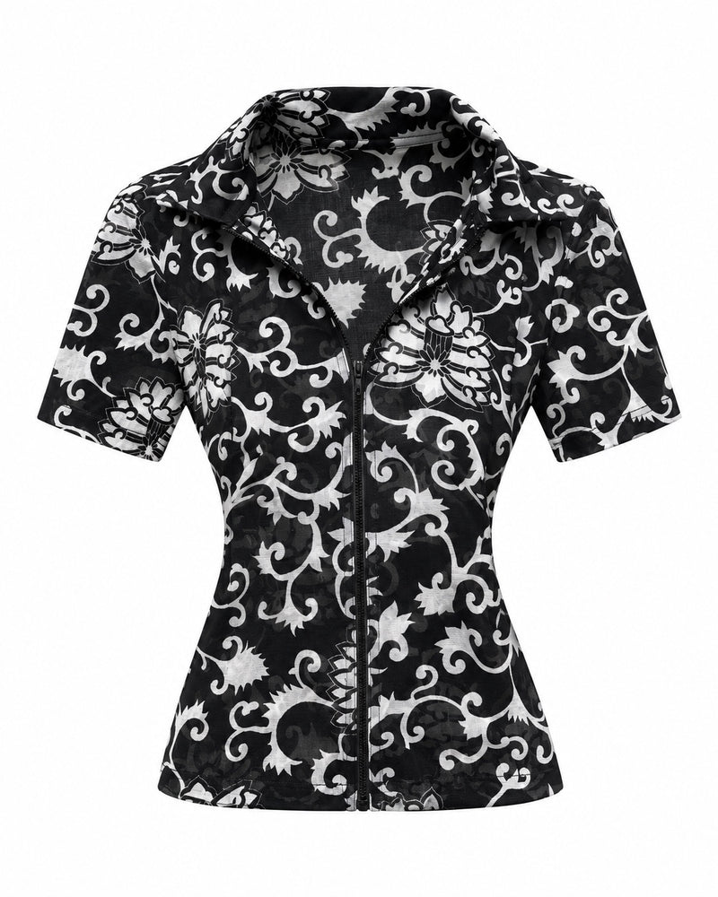 Black and White Scroll-Print Shirt — ghost mannequin front view
