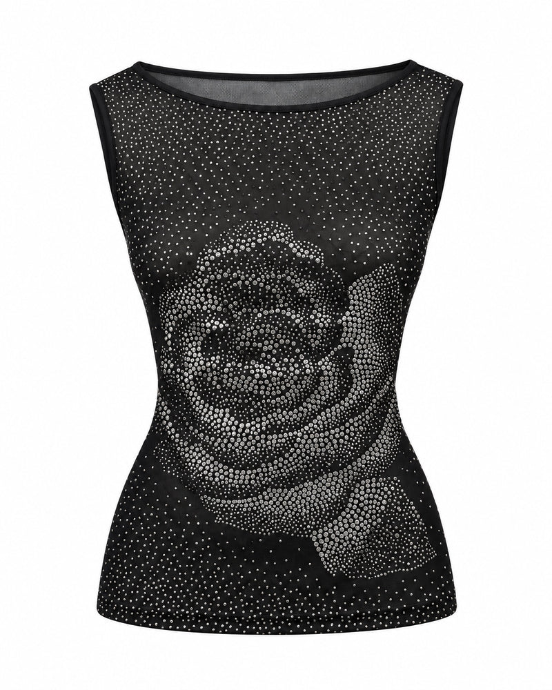 Black Rhinestone Rose Tank — ghost mannequin front view