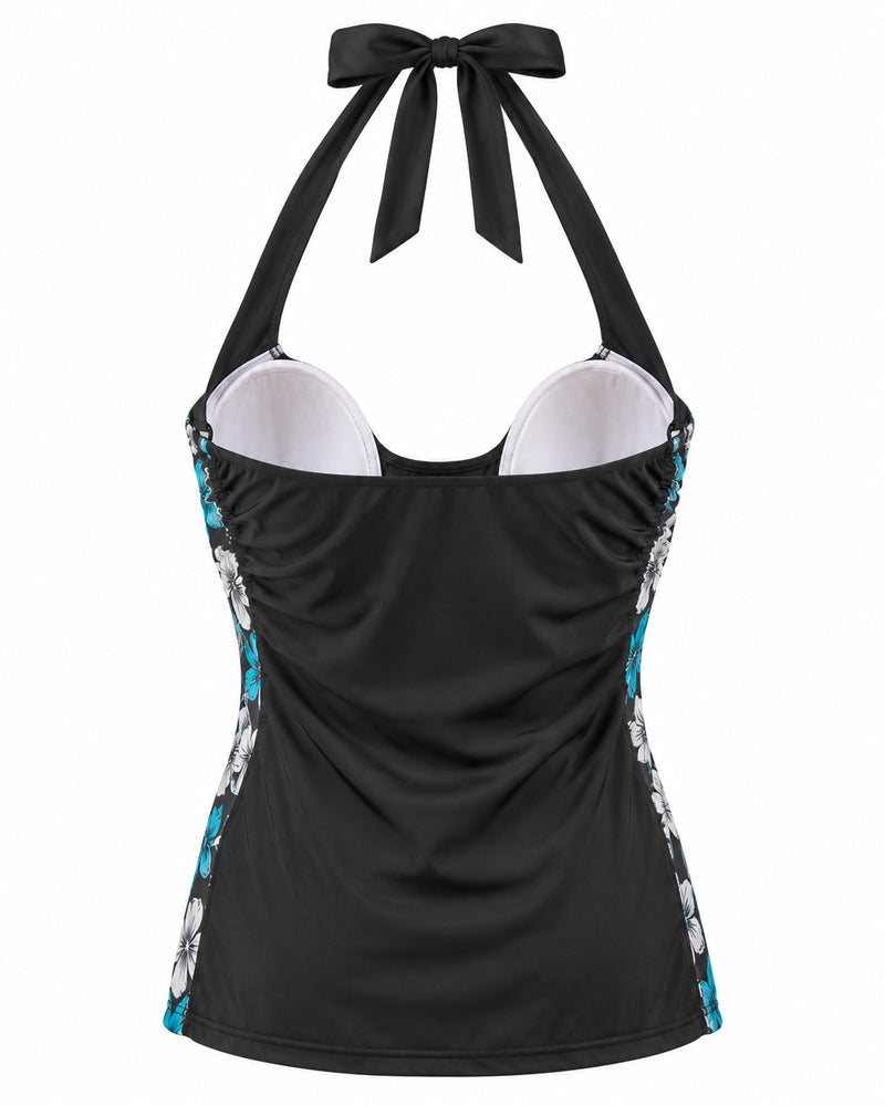 Teal Floral Graphic Halter Top — ghost mannequin back view
