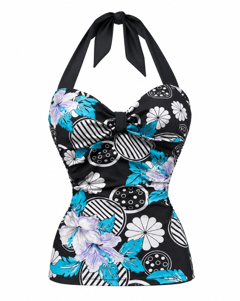 Teal Floral Graphic Halter Top — ghost mannequin front view