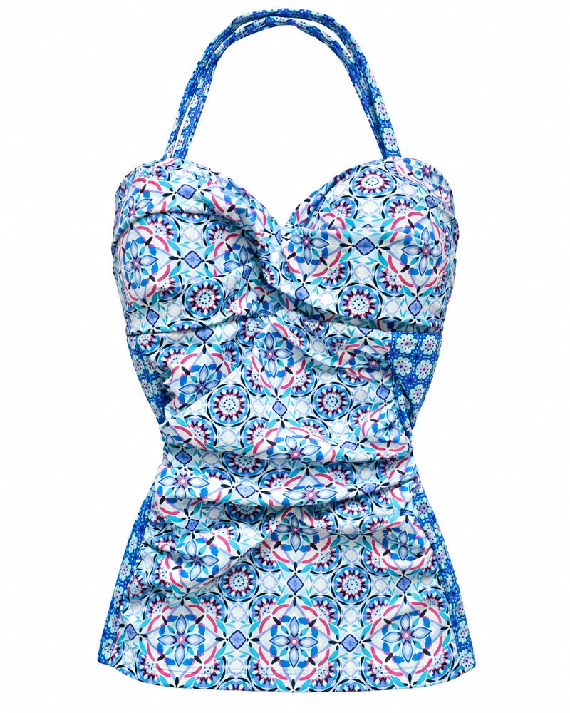 Blue Mosaic Halter Top — ghost mannequin front view