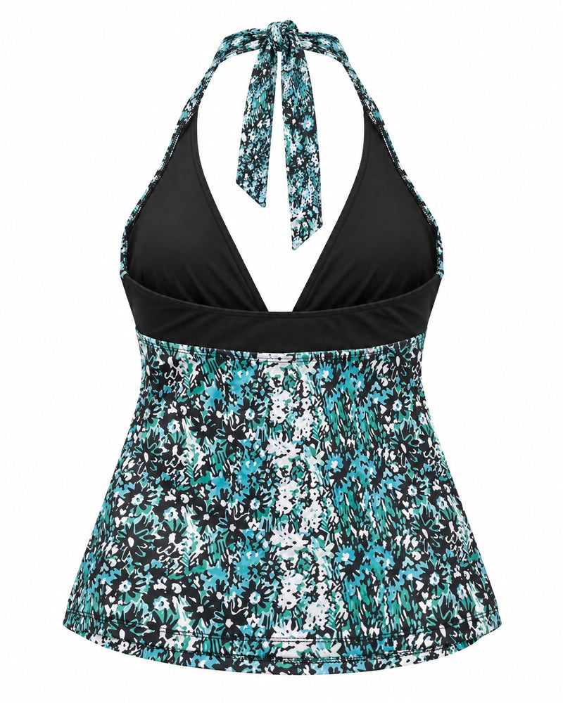 Teal Ditsy Floral Halter Top — ghost mannequin back view