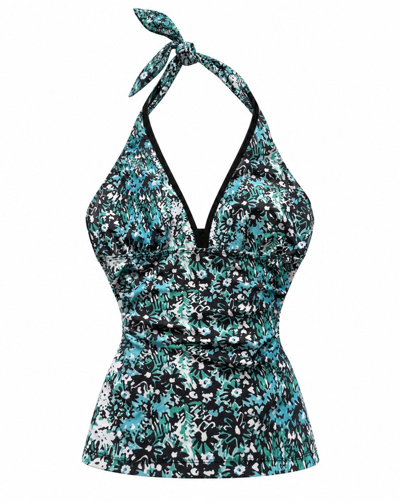 Teal Ditsy Floral Halter Top — ghost mannequin front view