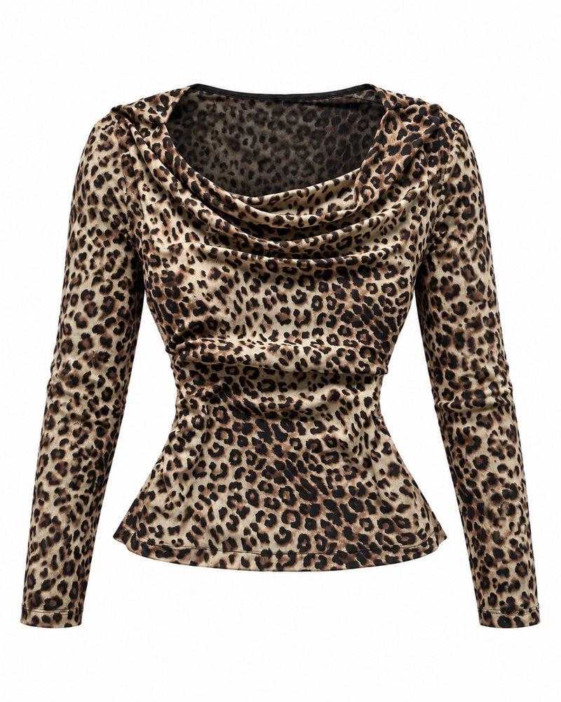 Leopard Cowl-Neck Top — ghost mannequin front view