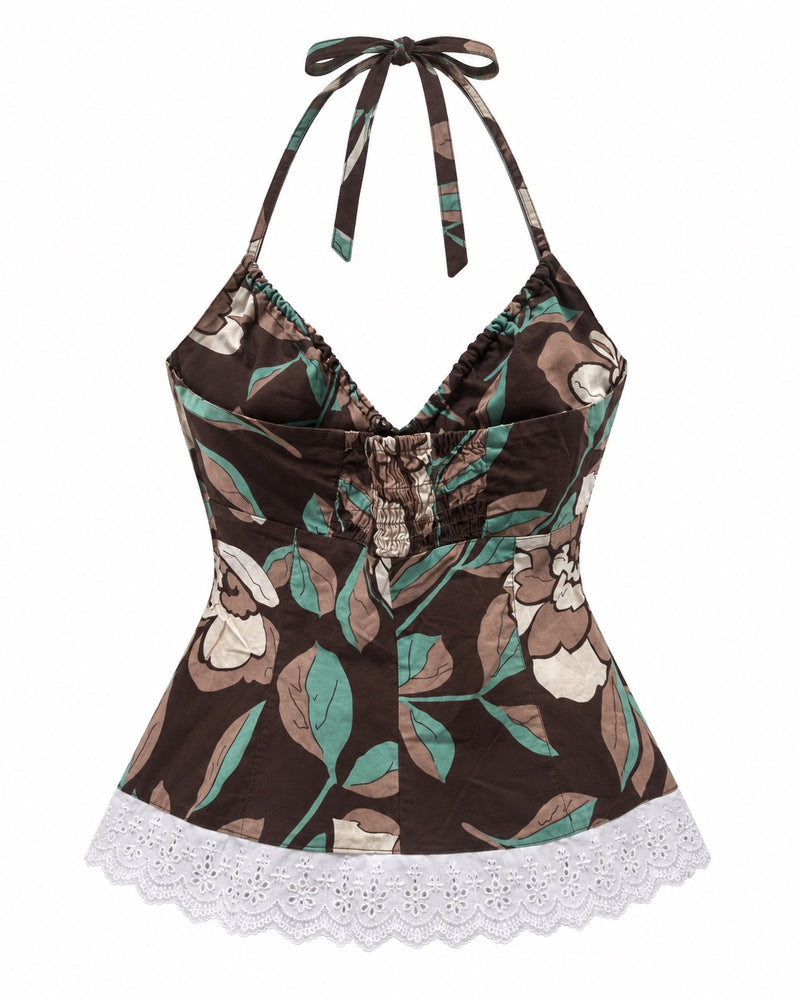 Brown Floral Lace-Hem Halter Top — ghost mannequin back view