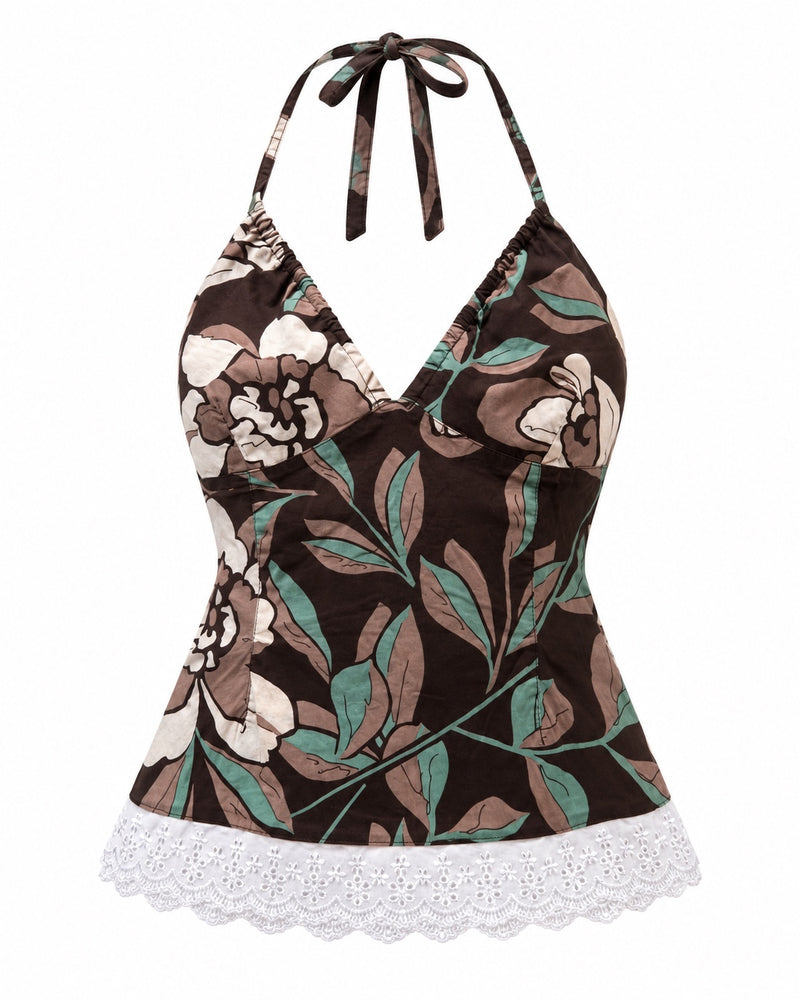 Brown Floral Lace-Hem Halter Top — ghost mannequin front view