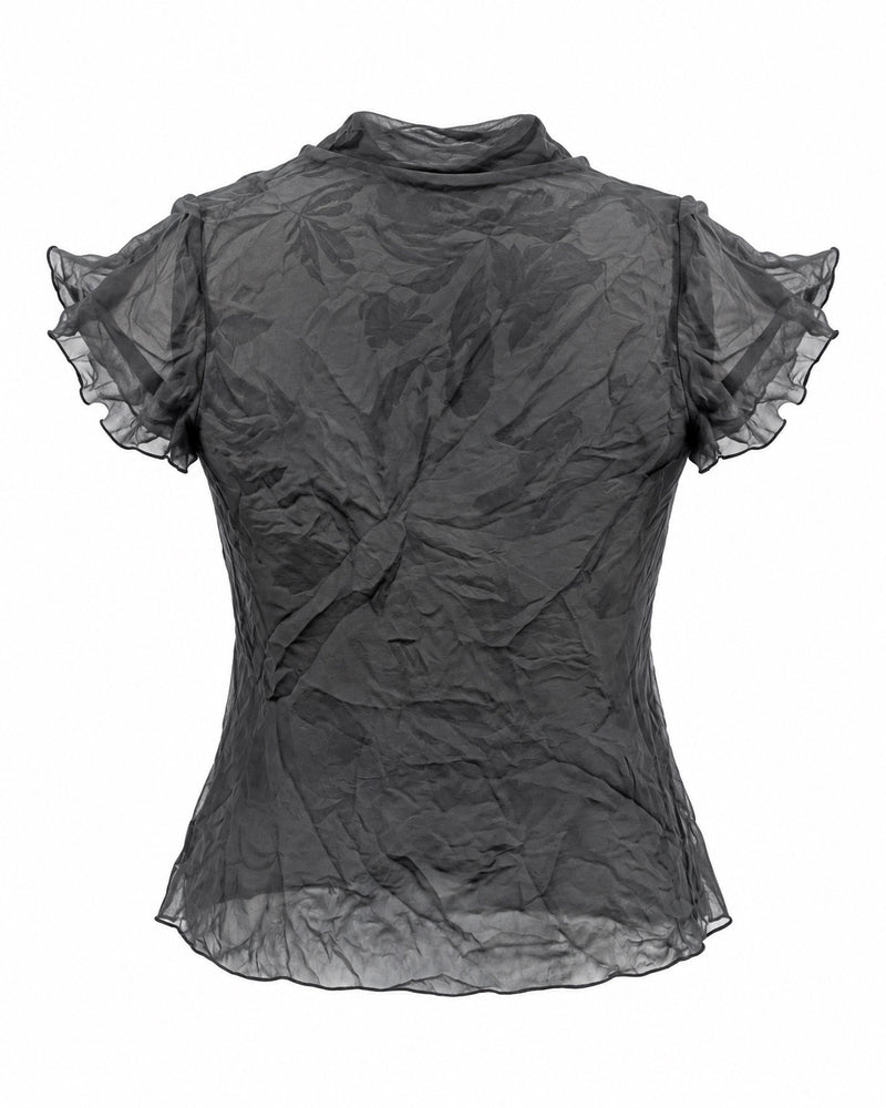 Black Floral Appliqué Mesh Top — ghost mannequin back view