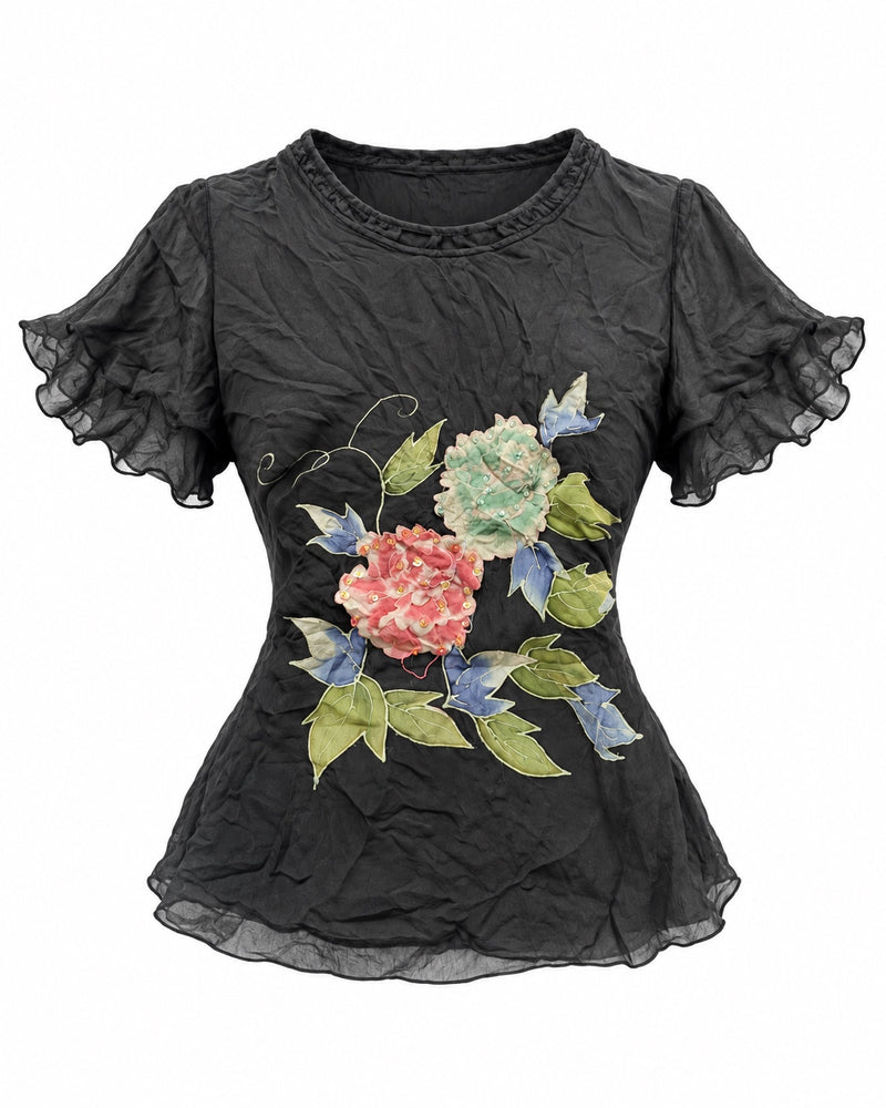 Black Floral Appliqué Mesh Top — ghost mannequin front view