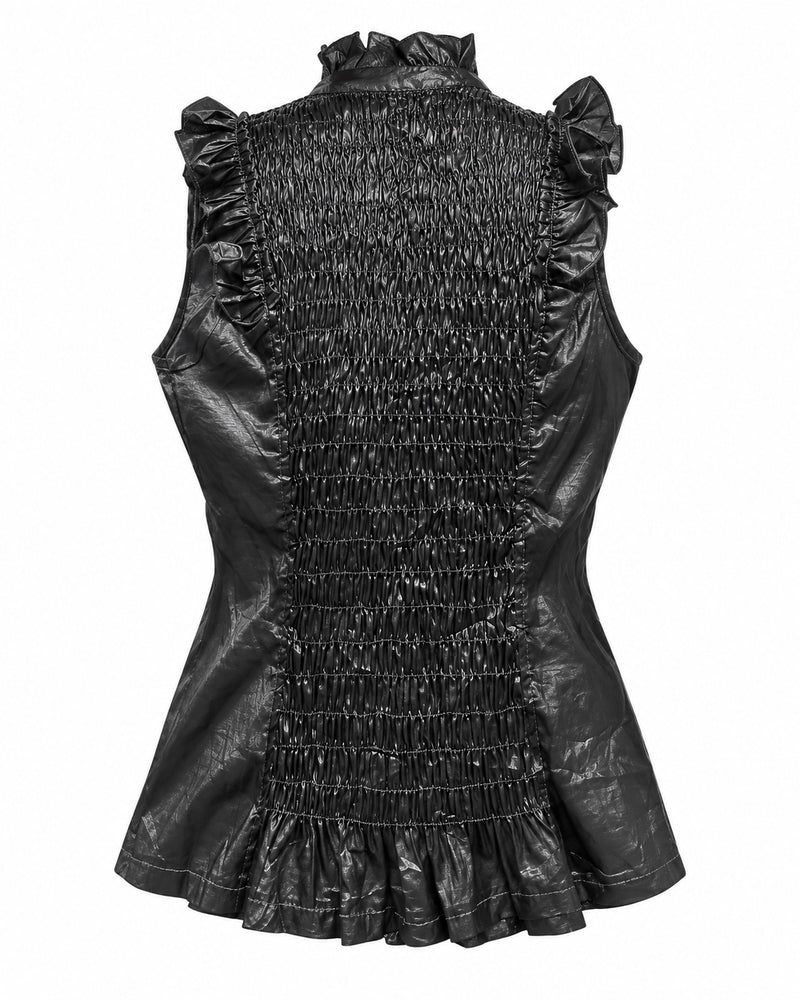 Black Ruffled Sleeveless Blouse — ghost mannequin back view