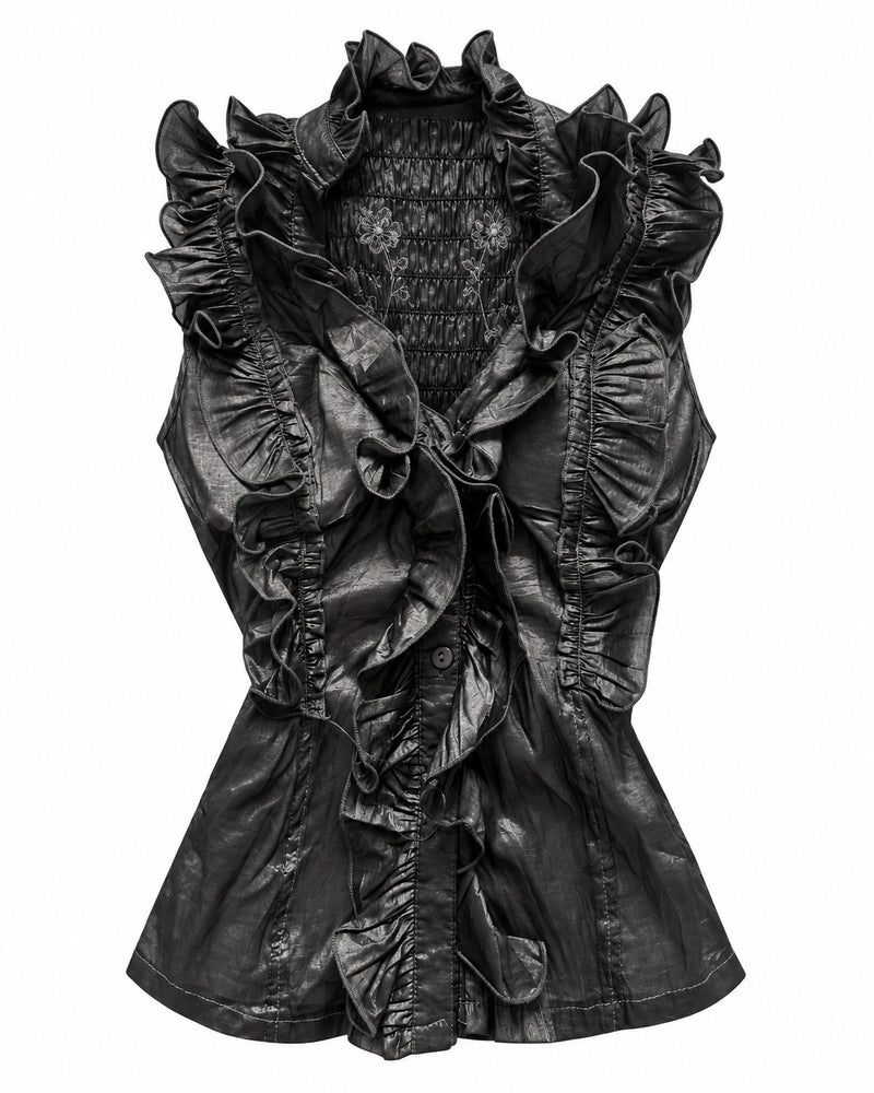 Black Ruffled Sleeveless Blouse — ghost mannequin front view