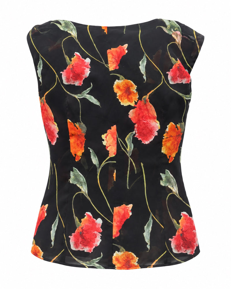 Black Orange-Floral Cap-Sleeve Top — ghost mannequin back view