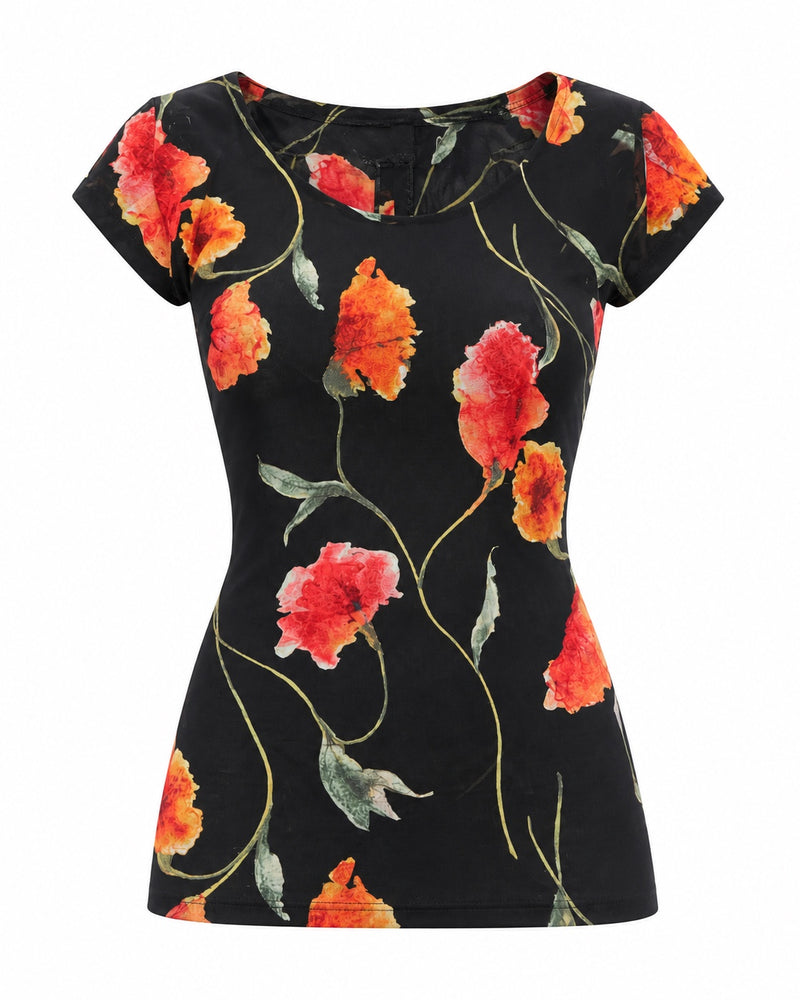Black Orange-Floral Cap-Sleeve Top — ghost mannequin front view