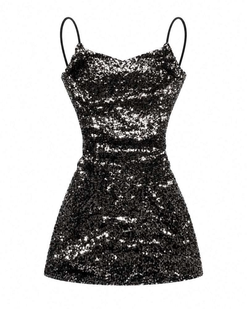 Black and Silver Sequin Cami — ghost mannequin front view