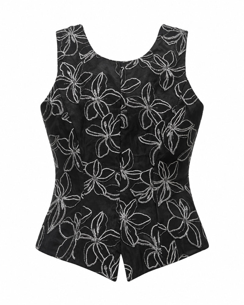 Black Floral Outline Tank — ghost mannequin back view
