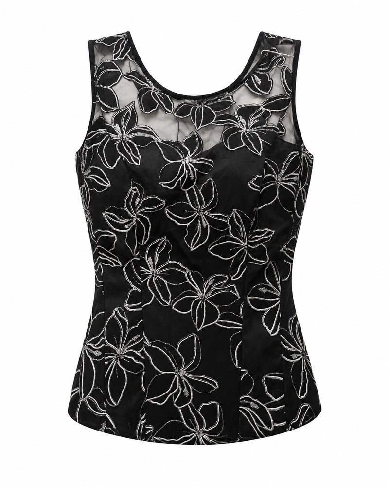 Black Floral Outline Tank — ghost mannequin front view
