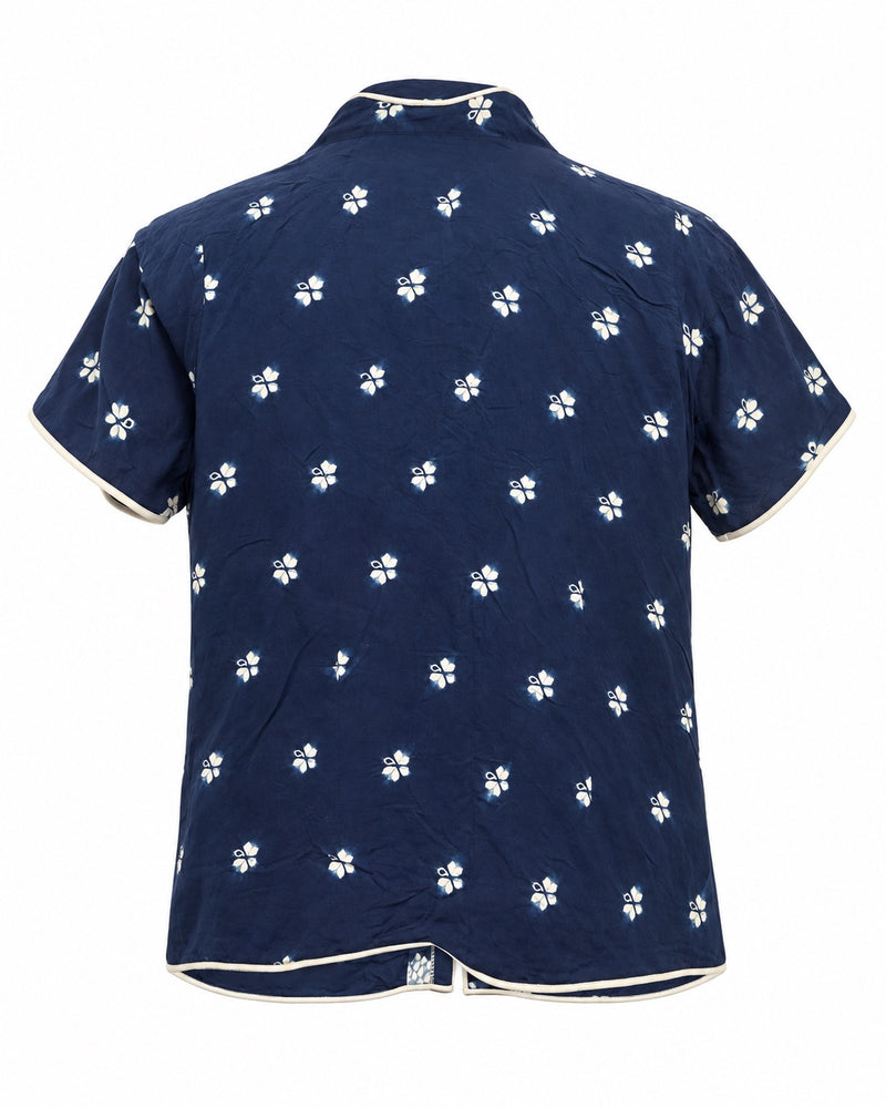 Navy Floral Mandarin-Collar Top — ghost mannequin back view