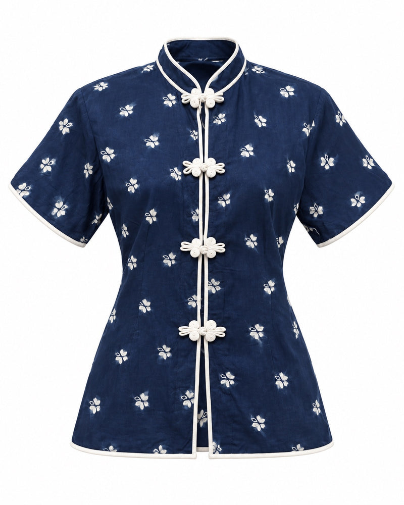 Navy Floral Mandarin-Collar Top — ghost mannequin front view