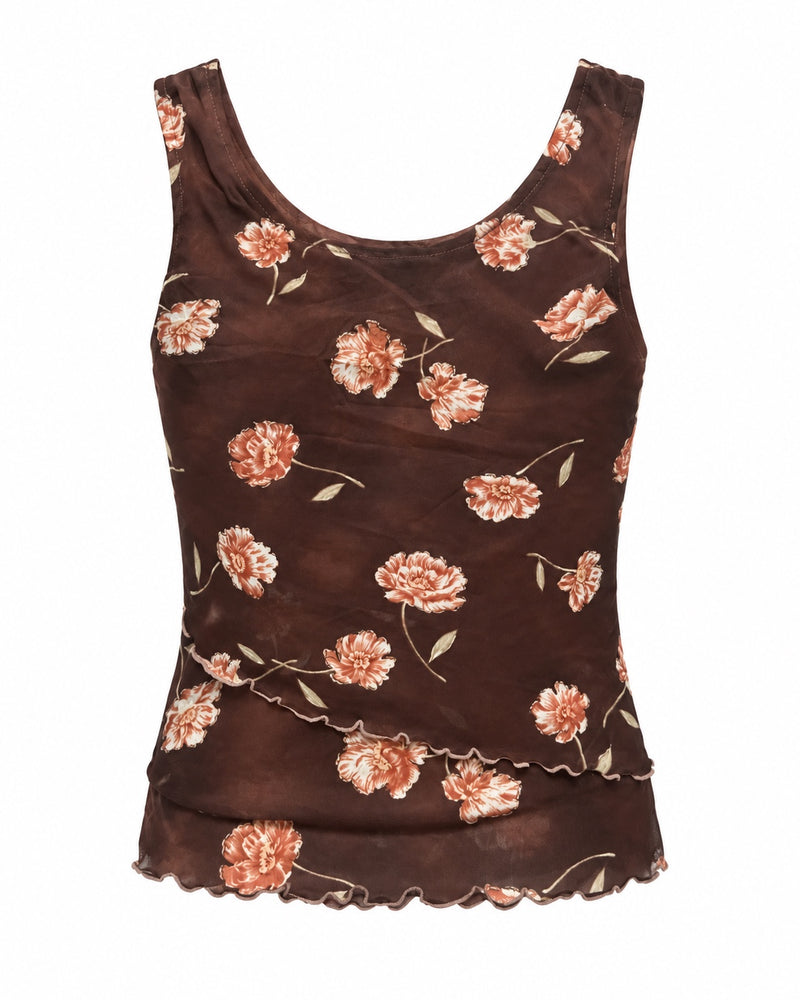 Brown Floral Sleeveless Top — ghost mannequin back view