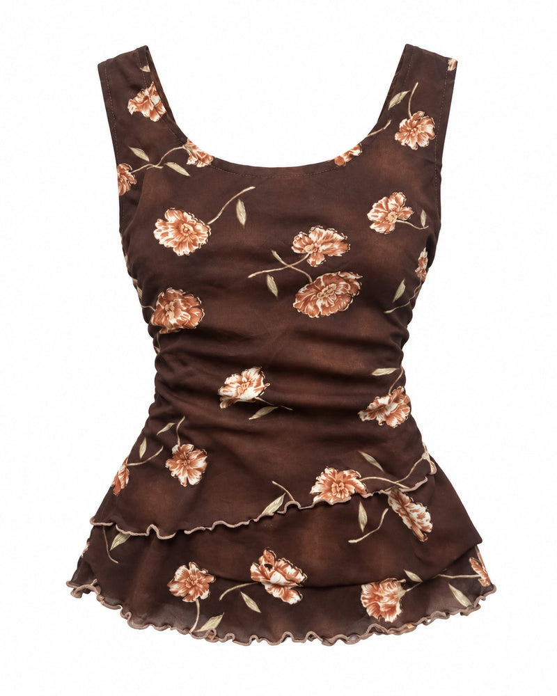 Brown Floral Sleeveless Top — ghost mannequin front view