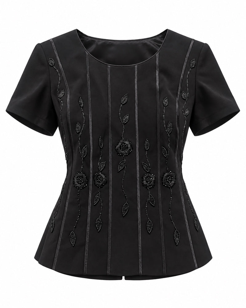 Black Embroidered Short-Sleeve Top — ghost mannequin front view