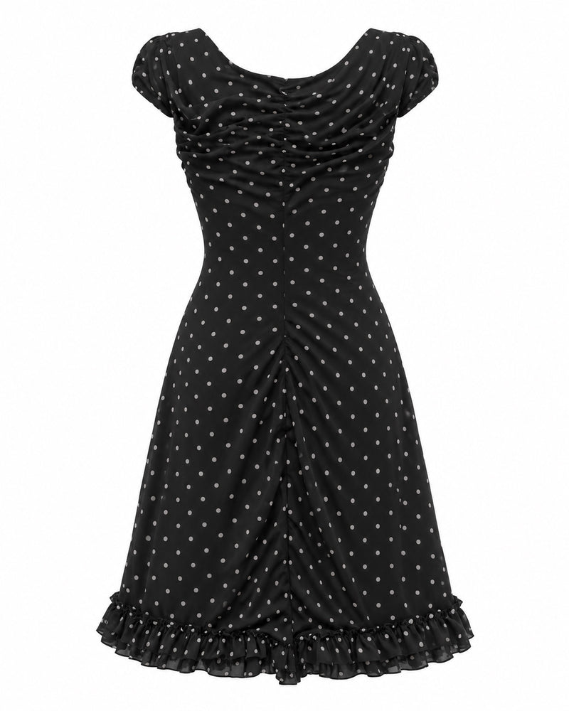 Black Polka-Dot Ruched Dress — ghost mannequin back view