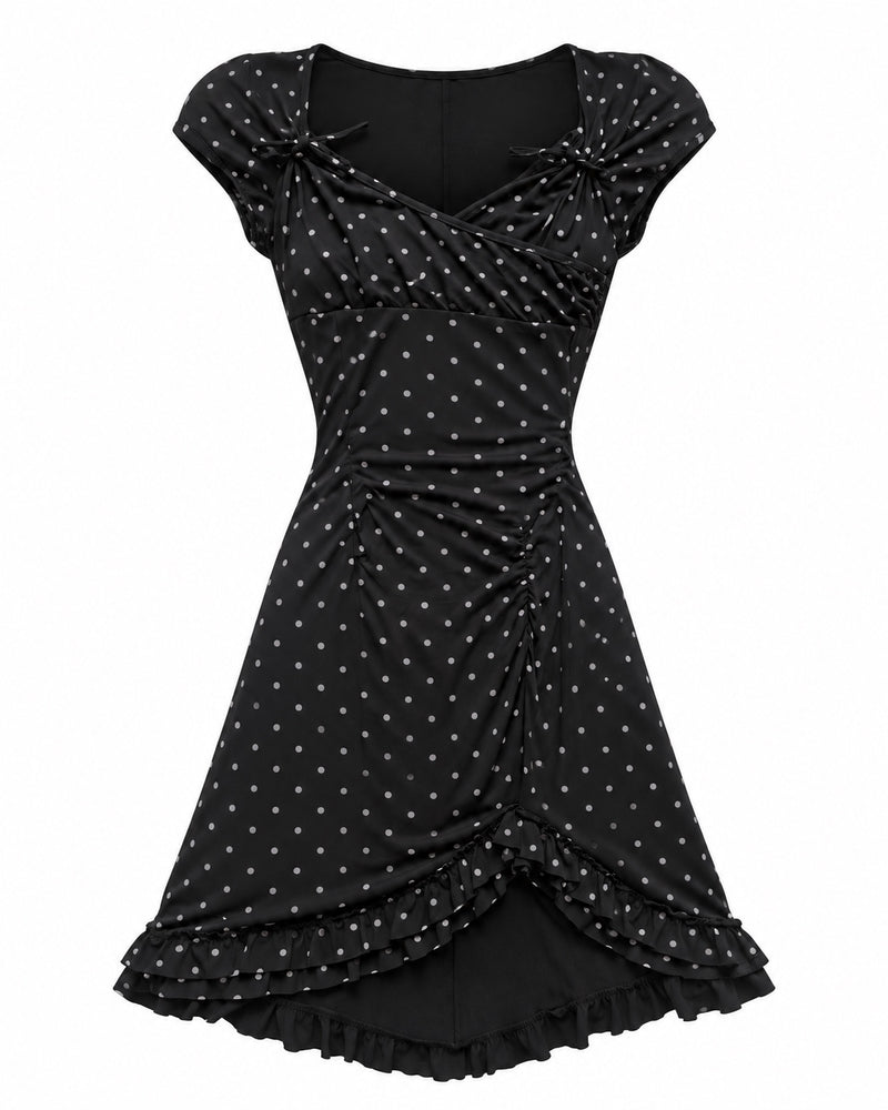 Black Polka-Dot Ruched Dress — ghost mannequin front view