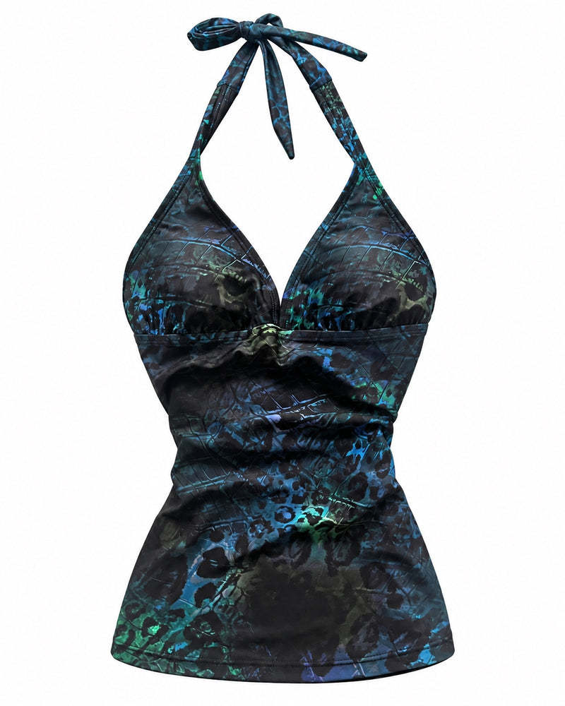 Blue Animal-Print Halter Top — ghost mannequin front view