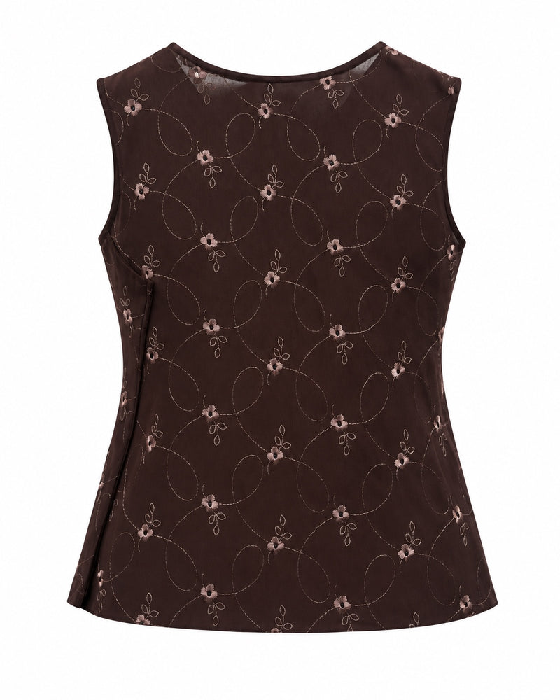 Brown Embroidered Sleeveless Top — ghost mannequin back view