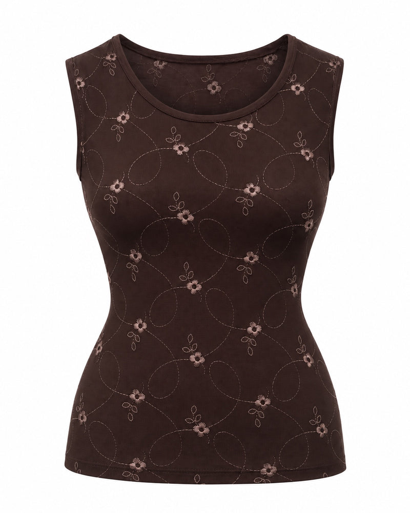 Brown Embroidered Sleeveless Top — ghost mannequin front view