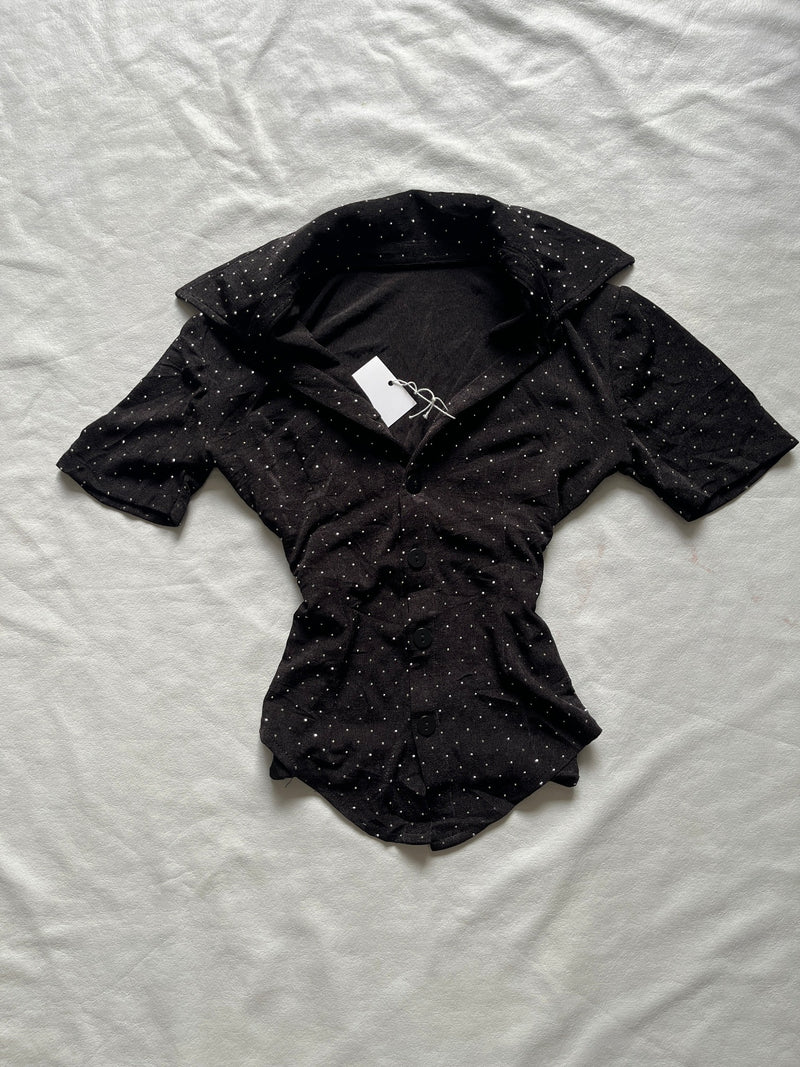 Black rhinestone collared fitted top front view