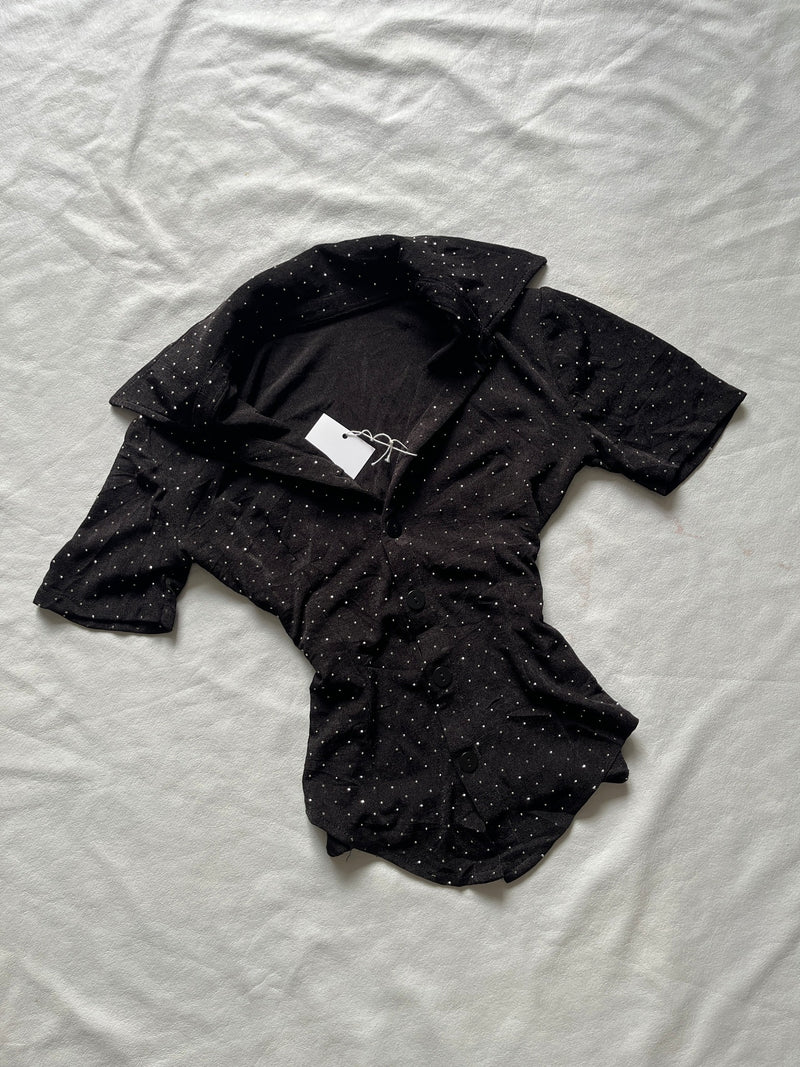 Black rhinestone collared fitted top angled view